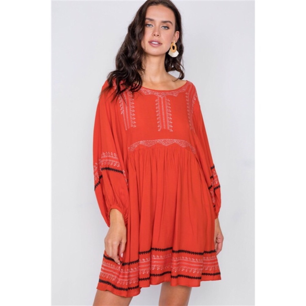 Dusty Red Embroidery Long Sleeve Boho Mini Dress